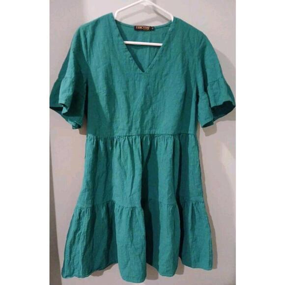Fancyinn Dresses & Skirts - Womens Green Dress Short Sleeve Layered  Size Large Tiered Skirt Fancyinn   #103